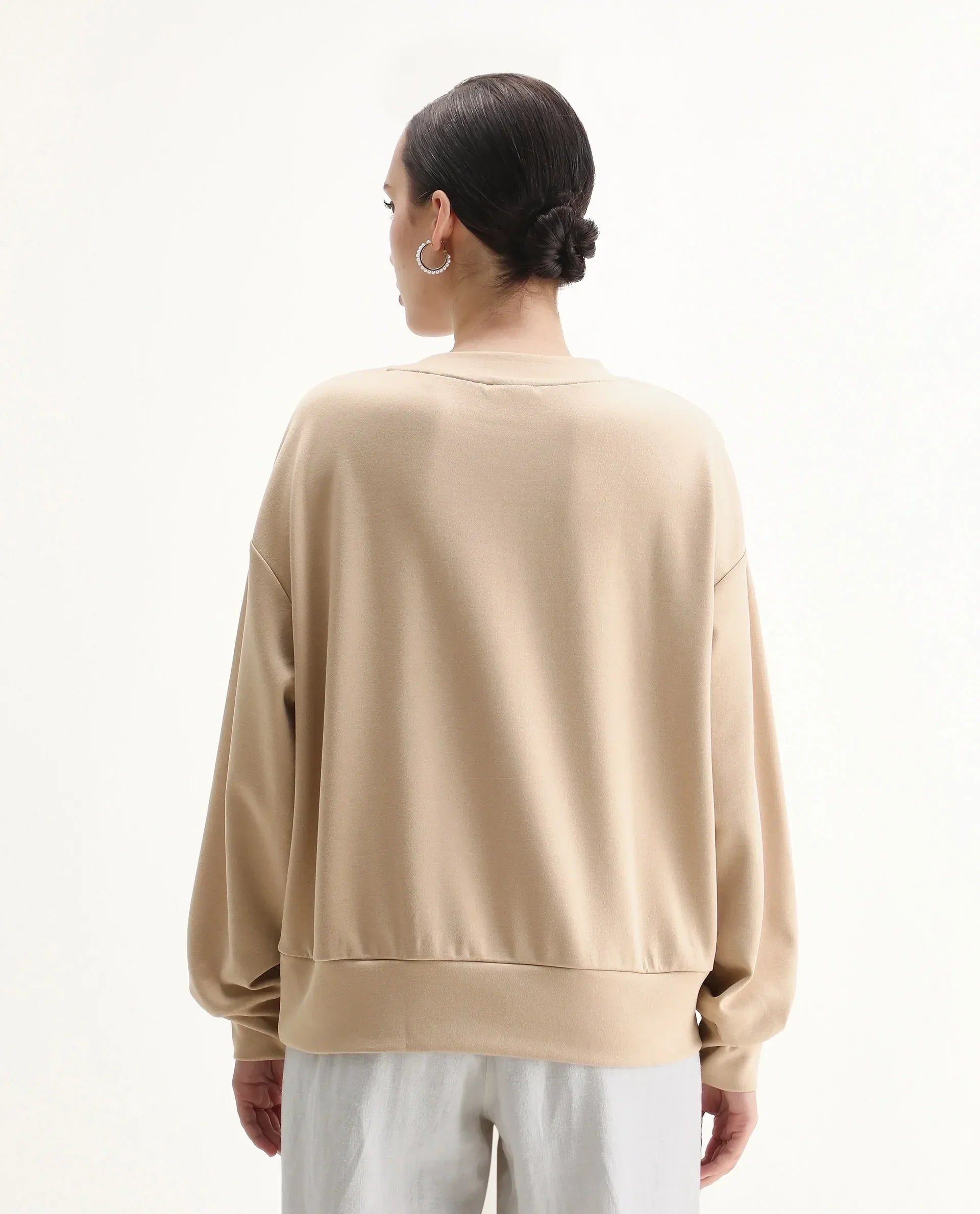 Rareism Women's Nebo Beige Modal Blend Fabric Crew Neck Relaxed Fit Printed Sweatshirt