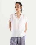 Rareism Women's Nenso White 100% Linen Extended Sleeves Mandarin Collar Relaxed Fit Plain Top