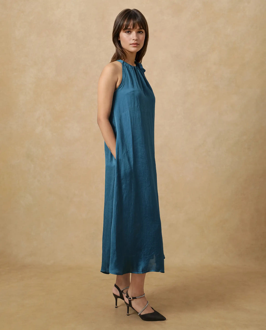 Rareism Women's Neoma Petrol Halter Neck Plain Sleeveless Midi A-Line Dress