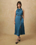 Rareism Women's Neoma Petrol Halter Neck Plain Sleeveless Midi A-Line Dress