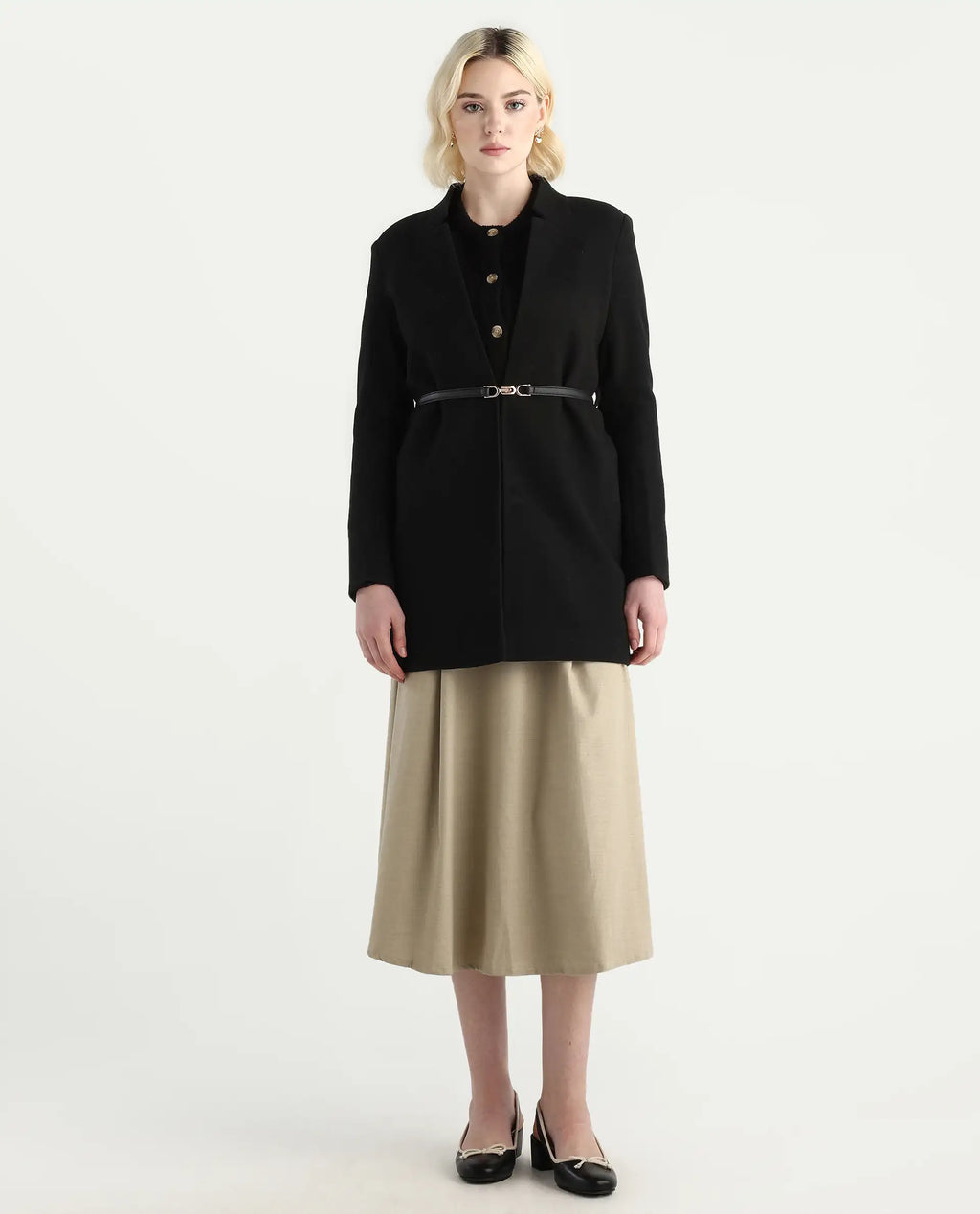 Rareism Women's Nexmario Black Polyester Blend Collared Neck Coat Fit Coat