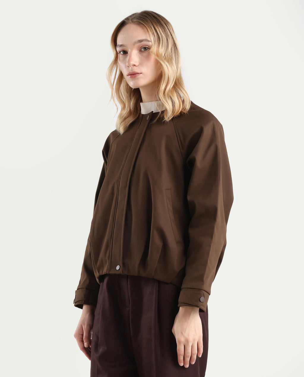 Rareism Women's Nira Coffee Polyester Crew Neck Relaxed Fit Jacket