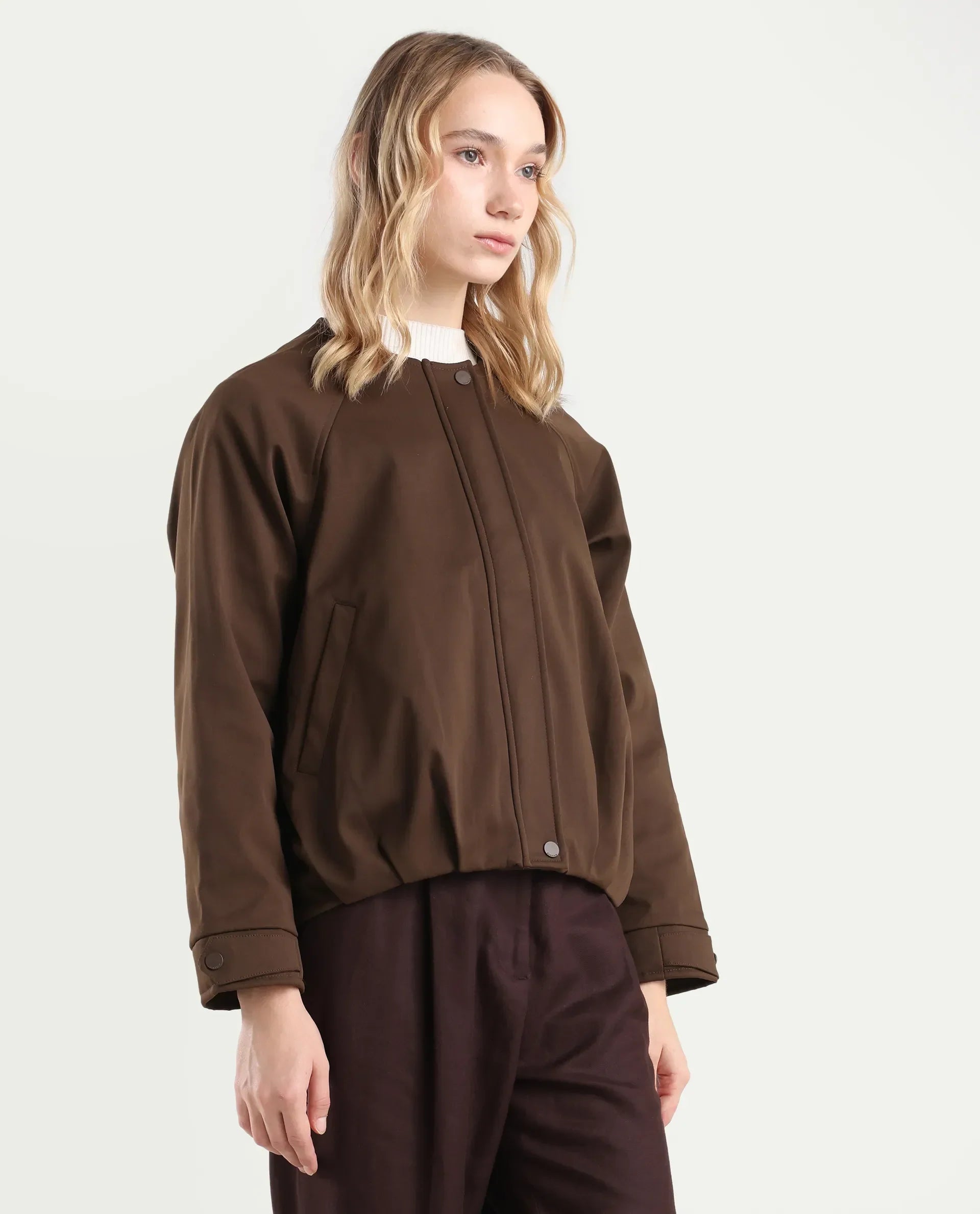 Rareism Women's Nira Coffee Polyester Crew Neck Relaxed Fit Jacket