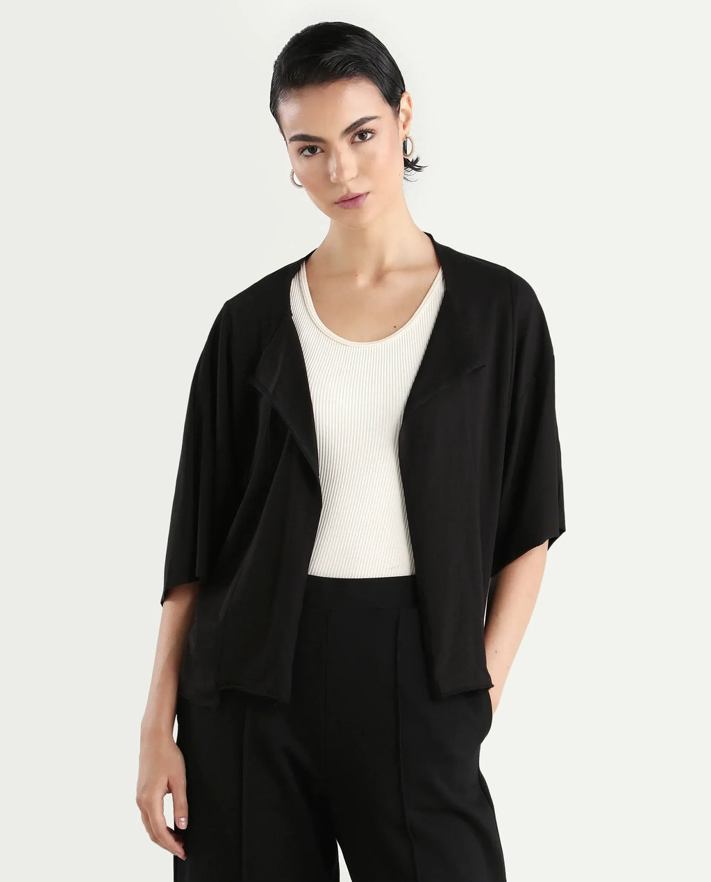 Rareism Women's Nirv Black Cotton Collarless Plain Relaxed Fit Shrug