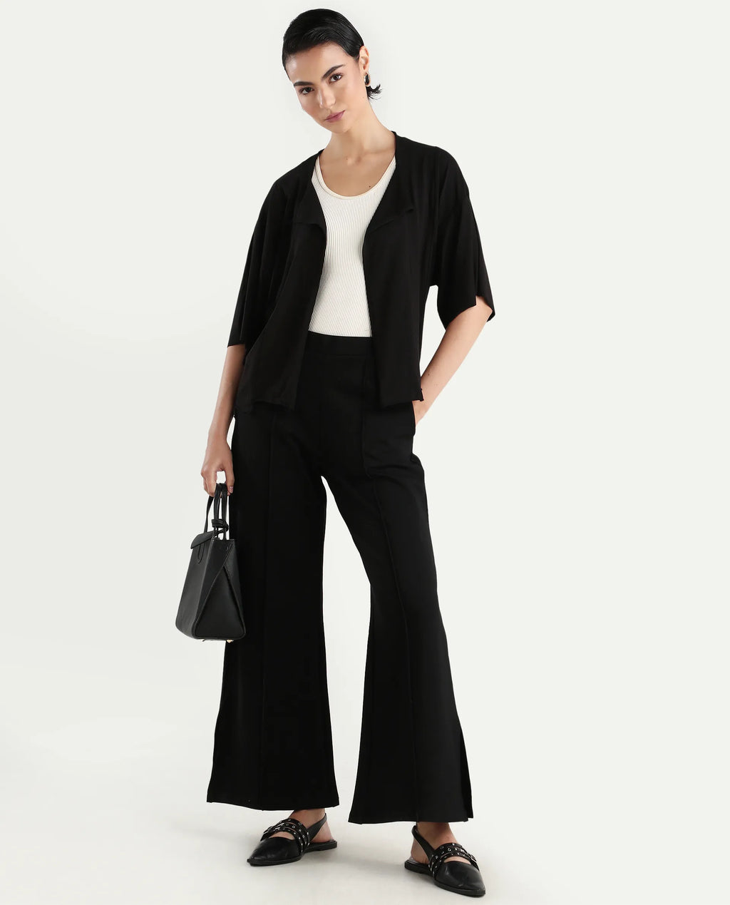 Rareism Women's Nirv Black Cotton Collarless Plain Relaxed Fit Shrug