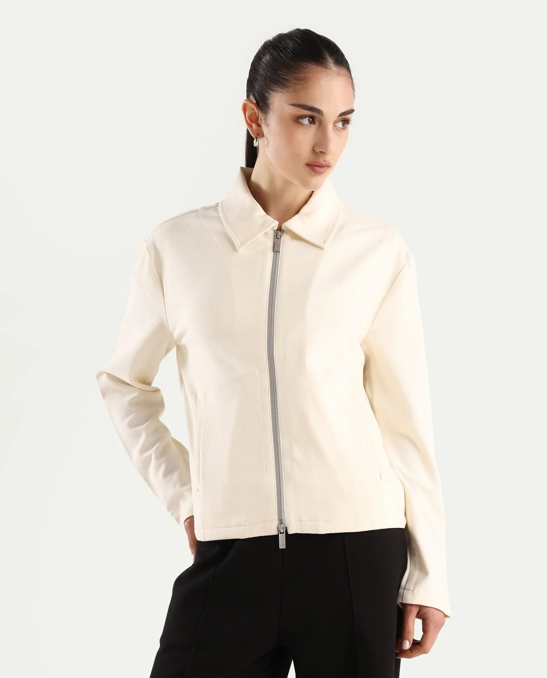 Rareism Women's Nizlo Off White Polyester Blend Spread Collar Regular Plain Jacket