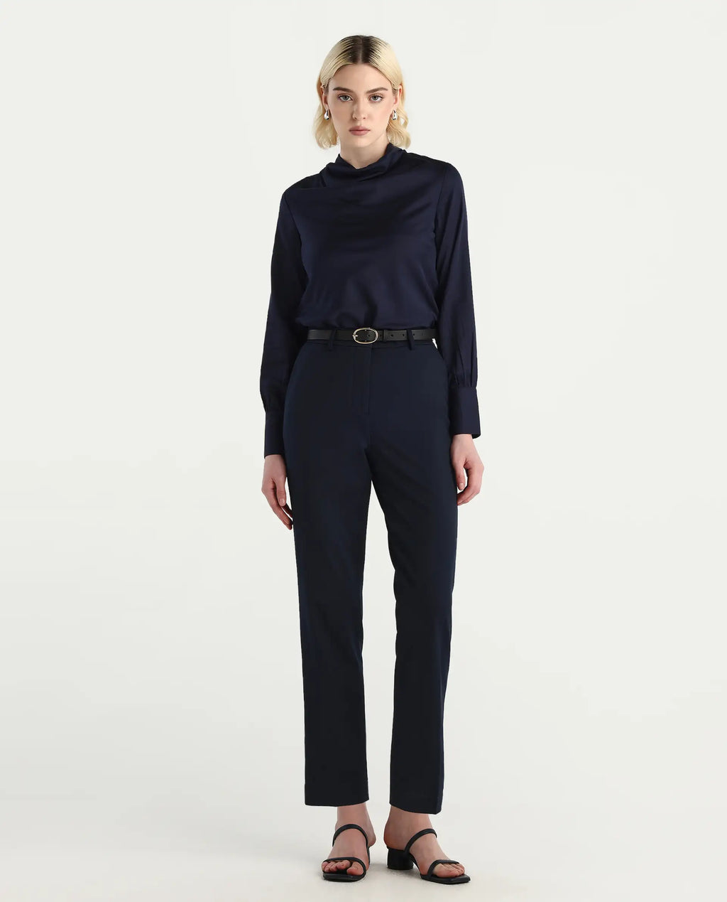 Rareism Women's Nujuno Navy Cotton Blend Bishop Sleeve Cowl Neck Regular Fit Plain Top
