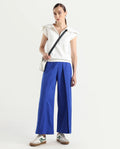 Rareism Women's Oipi Blue Cotton Blend Plain Ankle Length Wide Trouser