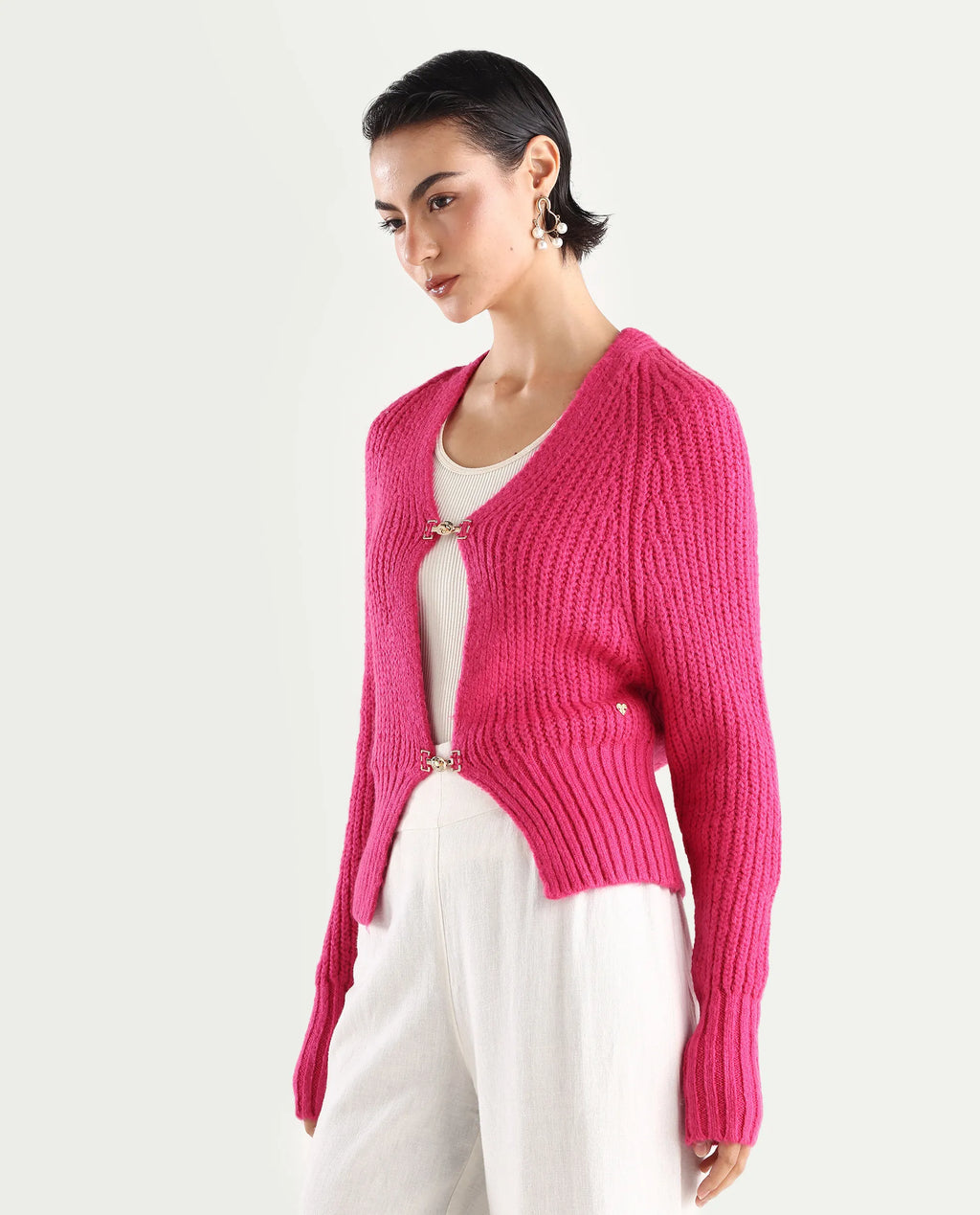 Rareism Women's Okali Pink V-Neck Plain Regular Fit Cardigan