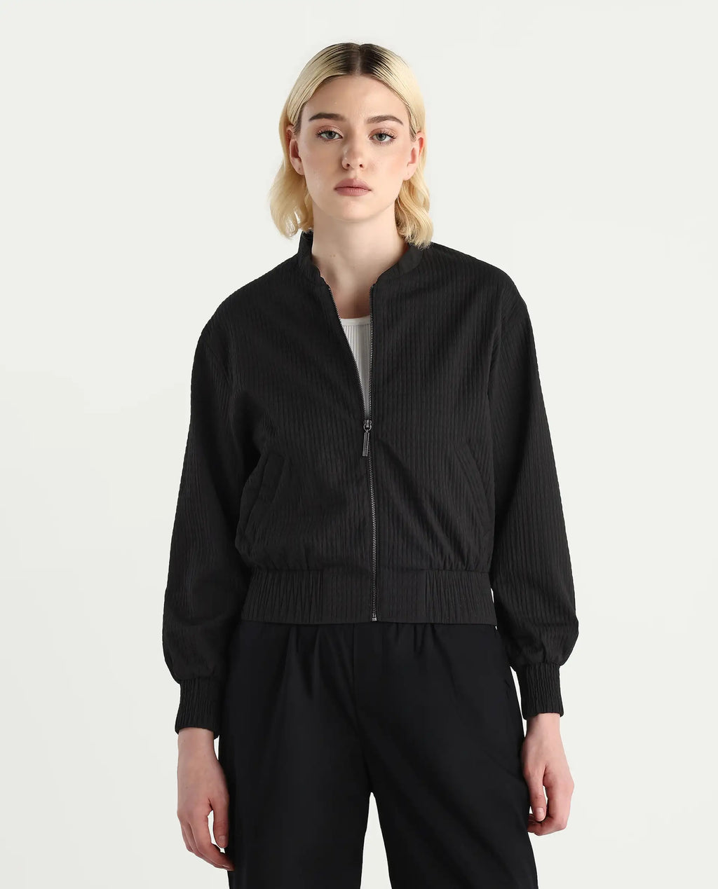 Rareism Women's Omri Black Polyester Mandrin Collar Regular Fit Plain Jacket