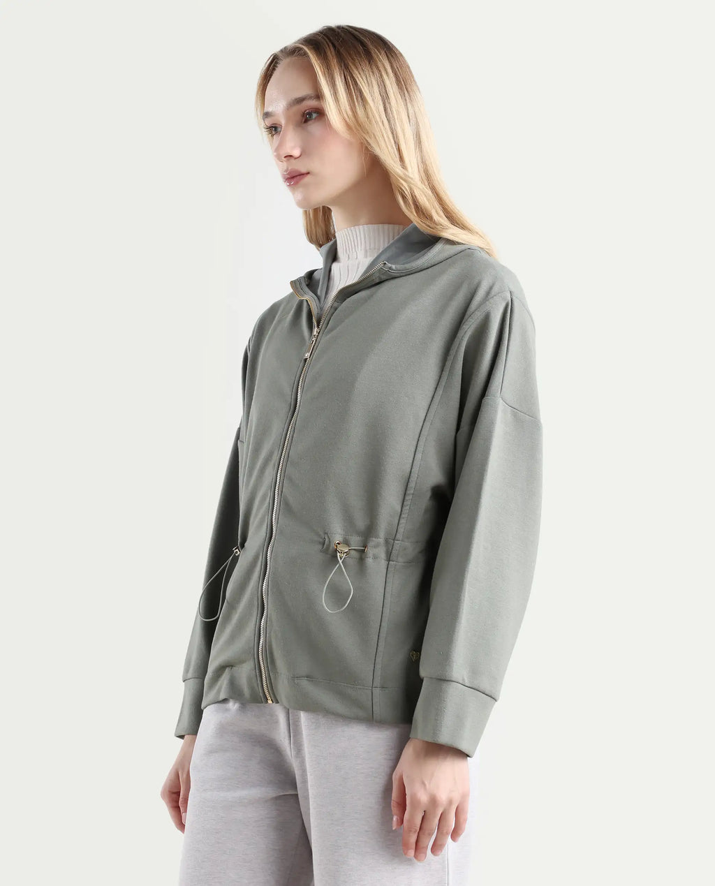 Rareism Women's Onerler Dusky Green Polyester Blend Hooded Plain Relaxed Fit Sweatshirt