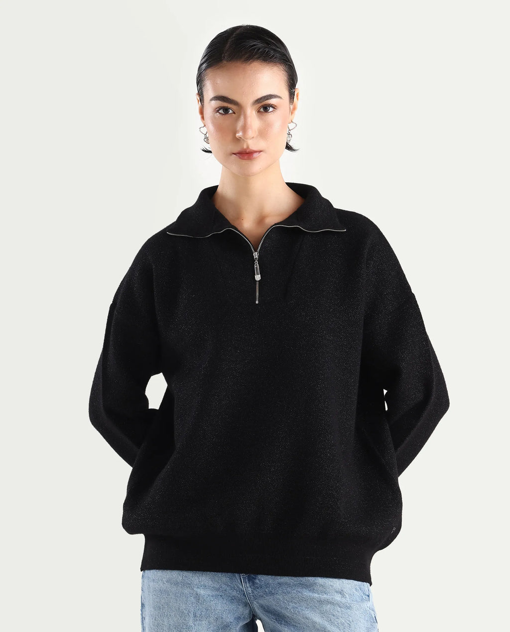 Rareism Women's Ortaca Black High Neck Plain Relaxed Fit Sweater