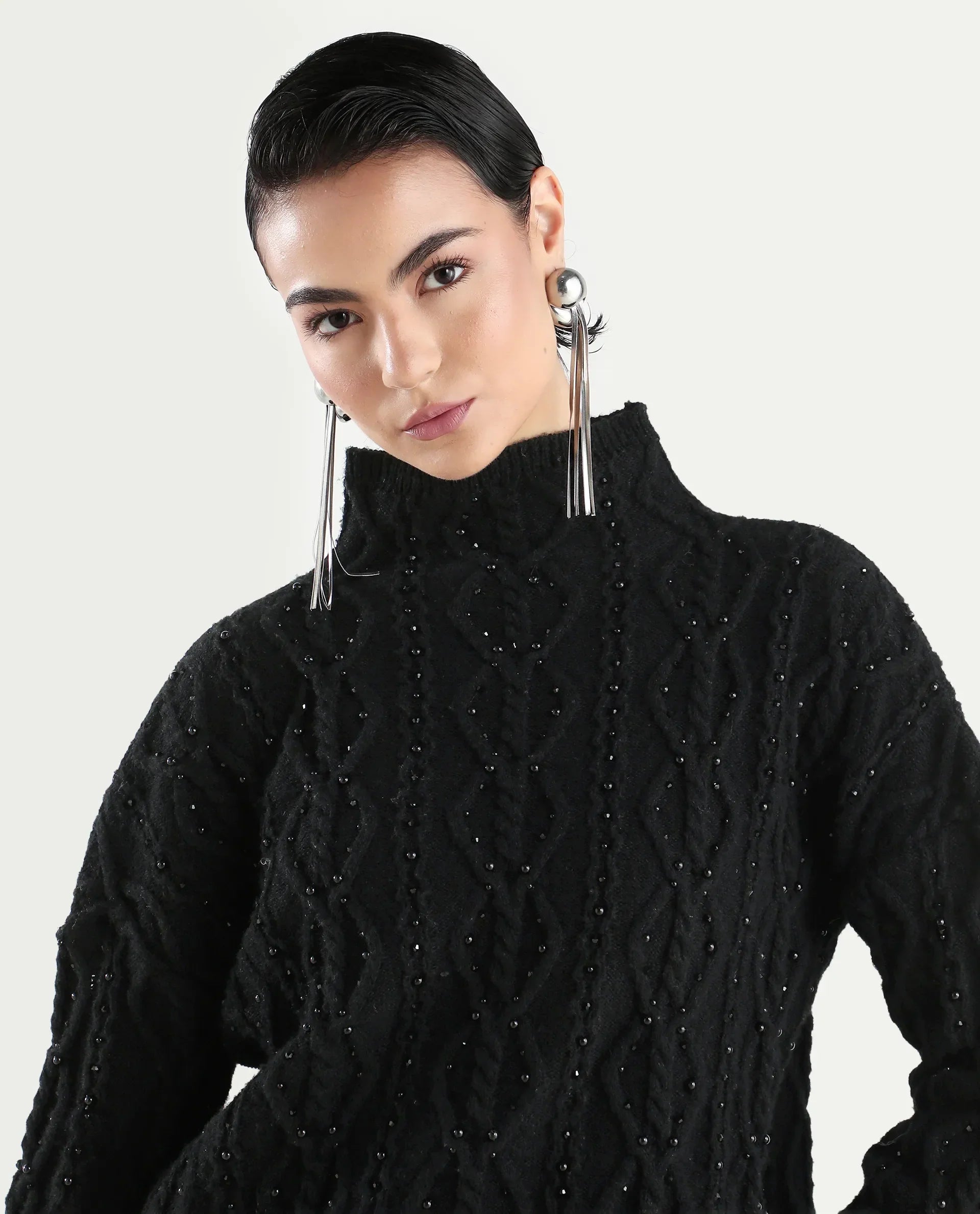 Rareism Women's Osmaniye Black Polyester High Neck Plain Relaxed Fit Sweater