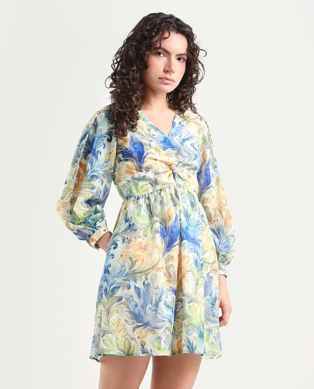 Rareism Women's Paistley Pastel Pink Polyester V-Neck Abstract Print Bishop Sleeve Mini Fit And Flare Dress