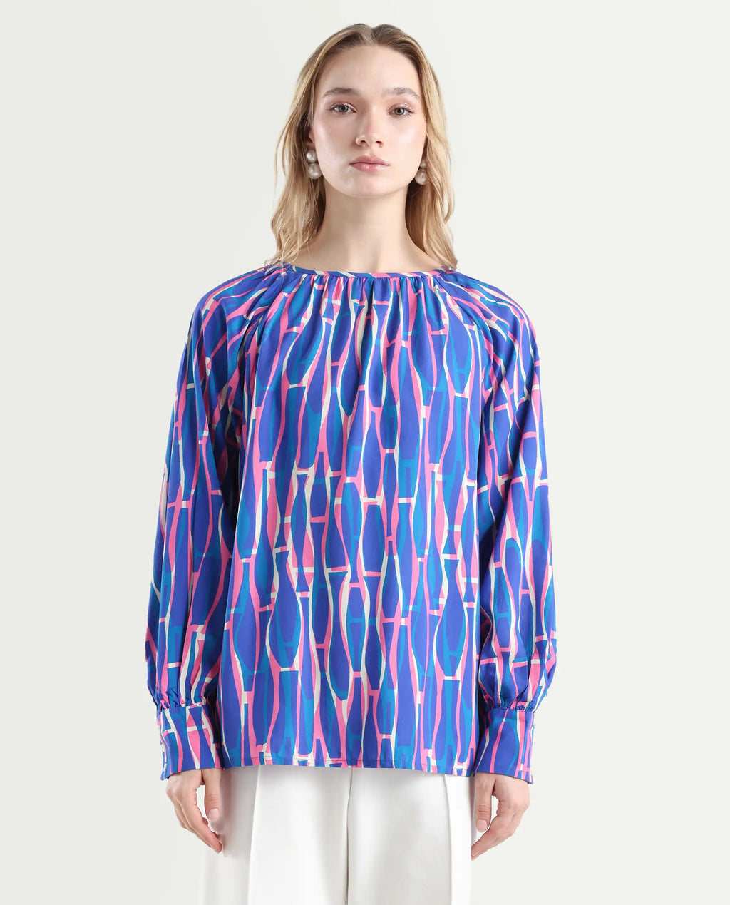 Rareism Women's Palermo Multi Viscose Crew Neck Abstract Print Raglan Sleeve Regular Fit Top