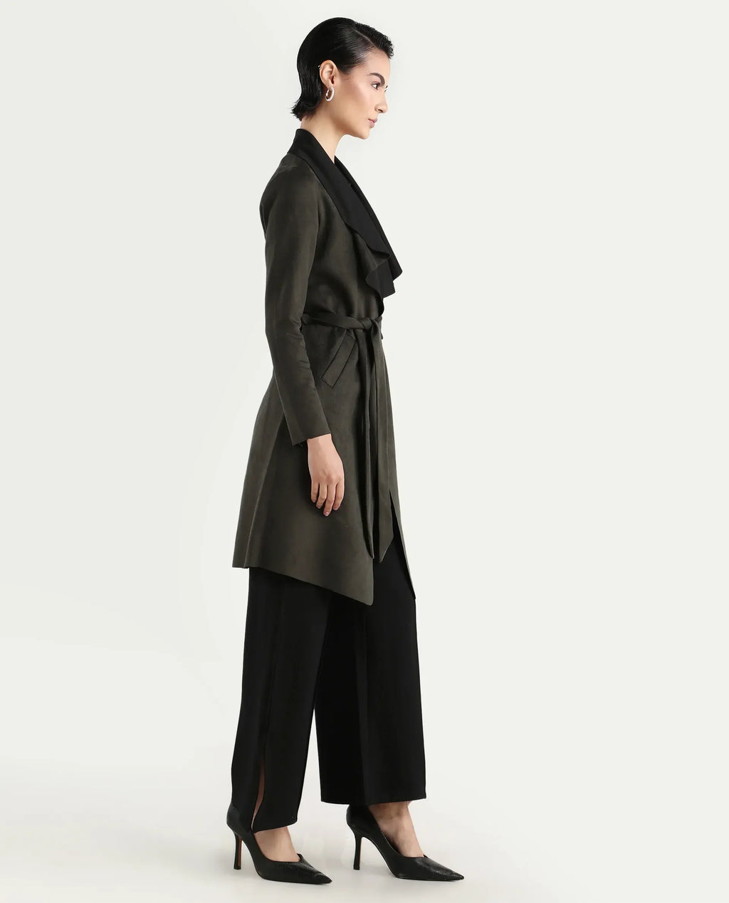 Rareism Women's Palmer 2 Olive Suede Waterfall Neck Plain Midi Boxy Fit Jacket