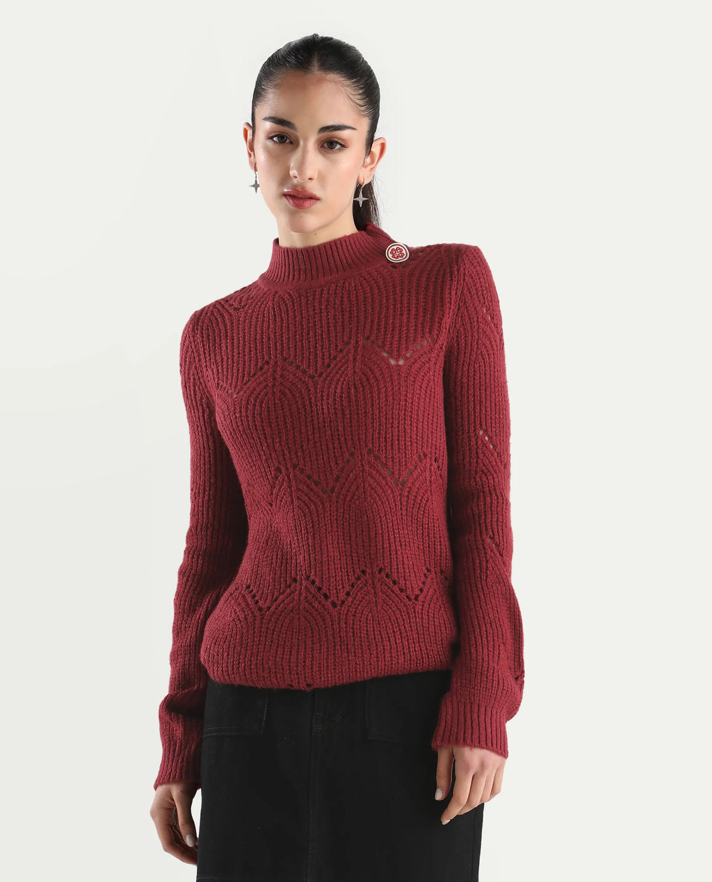 Rareism Women's Acrylic High Neck Plain Regular Fit Sweater