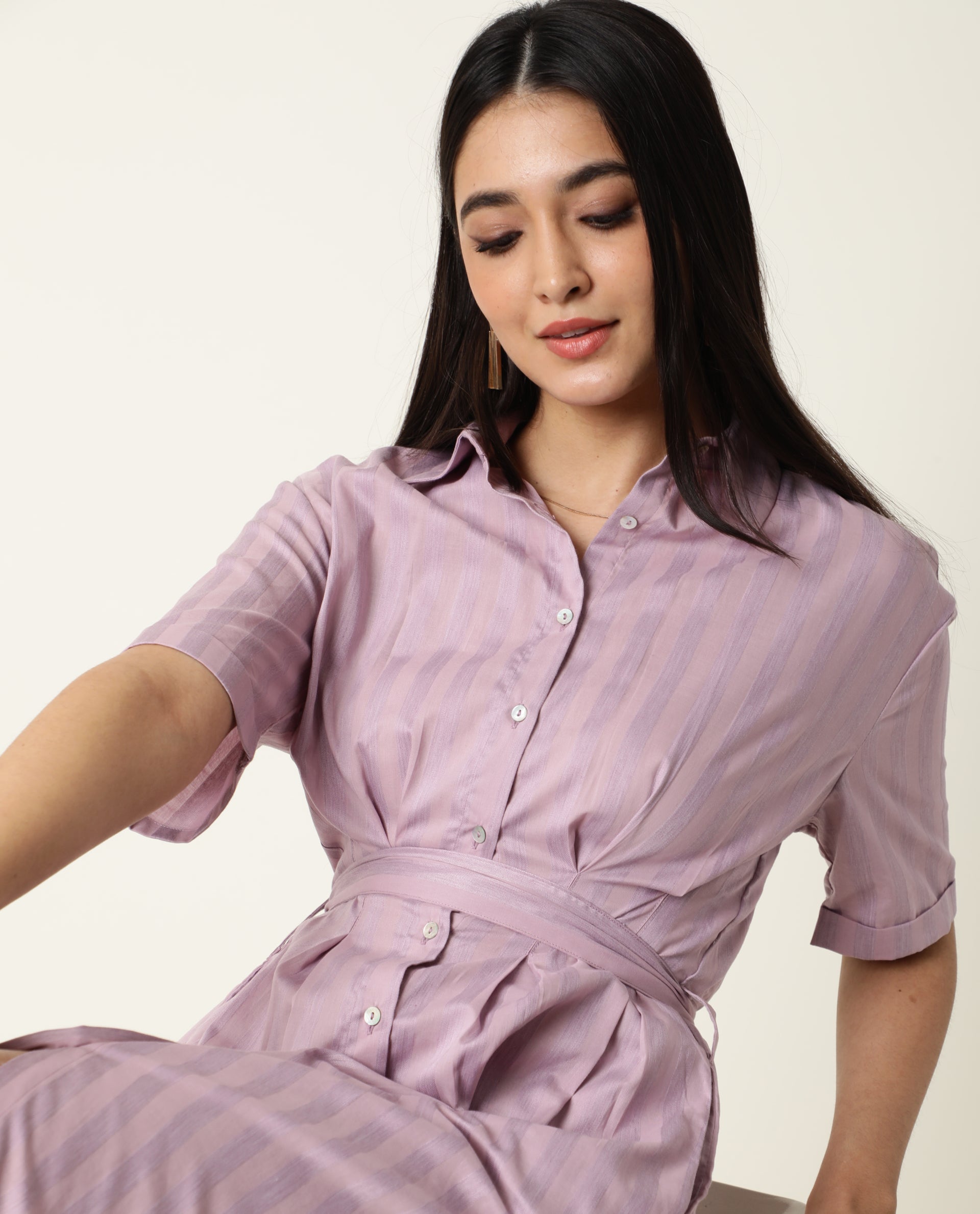 Rareism Women's Paris Pink Spread Collar Striped Knee Length Regular Fit Dress
