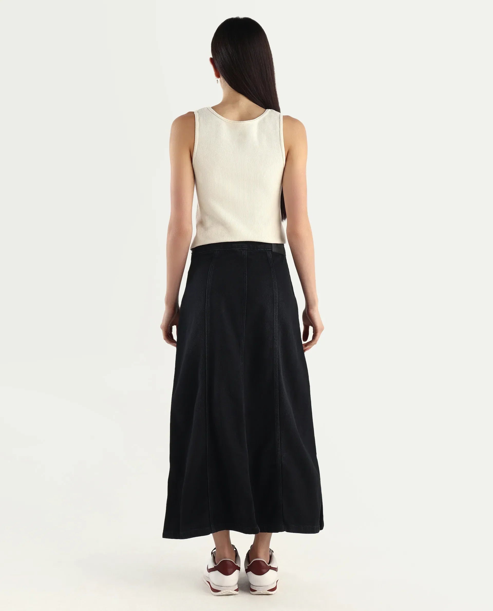 Rareism Women's Parrow Black Cotton Plain Midi Flared Skirt