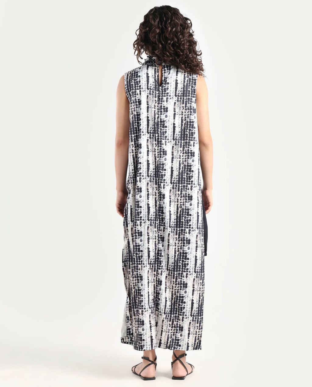 Rareism Women's Pash Black Modal Blend High Neck Abstract Print Sleeveless Maxi Regular Fit Dress