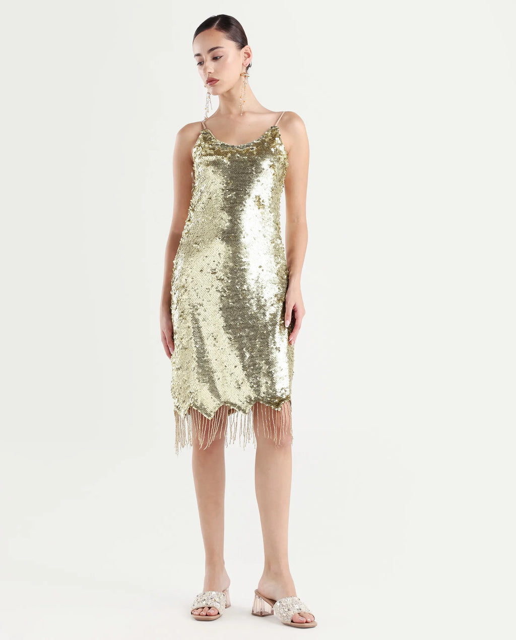 Rareism Women's Pau Sheen Gold Polyester Shoulder Strap Sequined Shoulder Strap Knee Length Regular Fit Dress