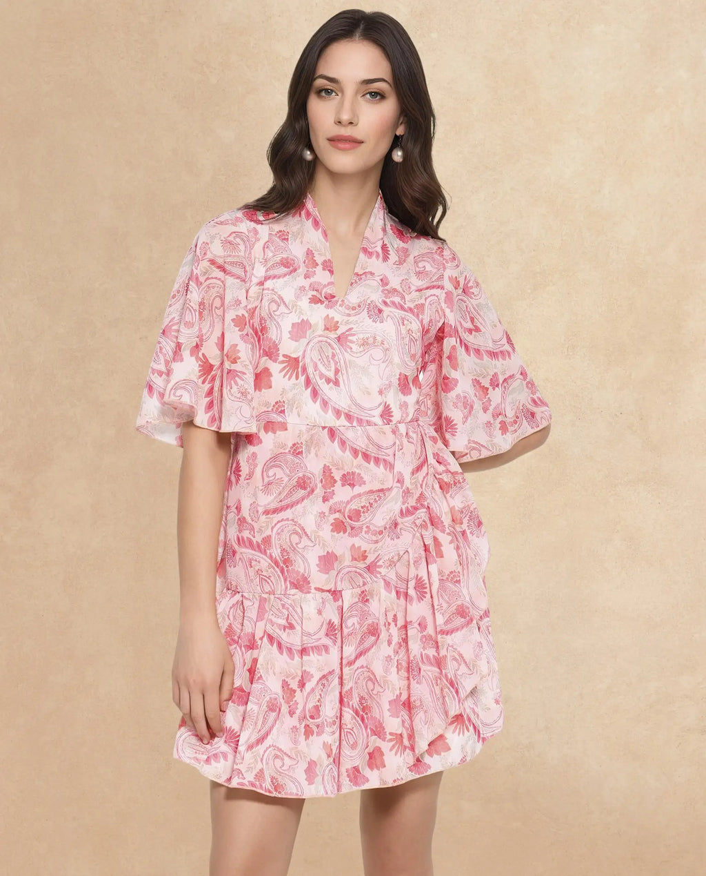 Rareism Women's Pazia Light Multi Polyester V-Neck Paisley Print Bell Sleeve Mini Fit And Flare Dress