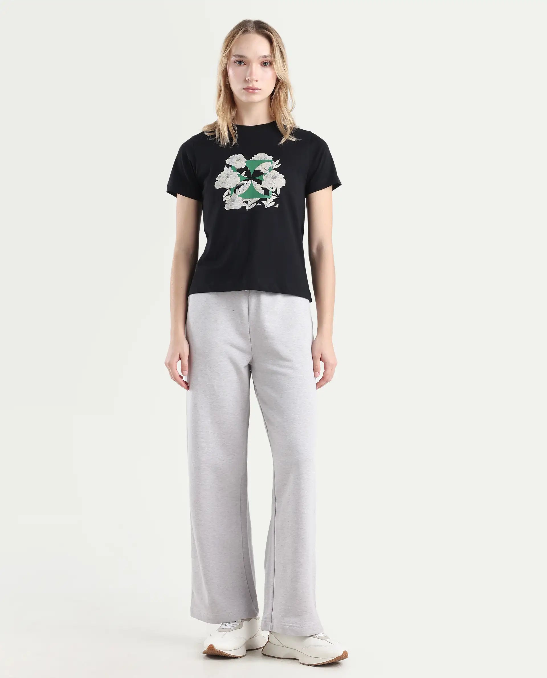 Rareism Women's Pazoo F Melange Grey Cotton Blend Plain Ankle Length Flared Track Pant