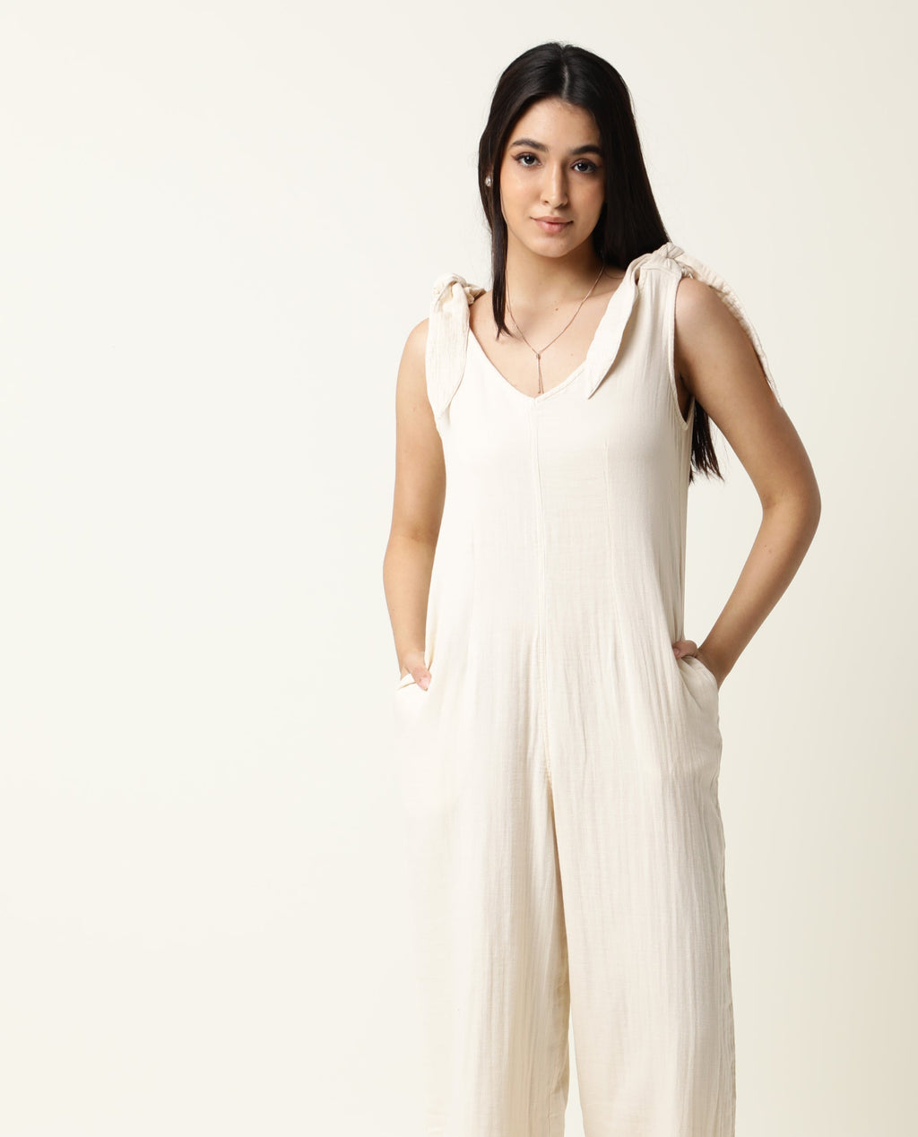 Rareism Women's Peanut Beige Cotton V-Neck Plain Sleeveless Knee Length Tailored Jumpsuit