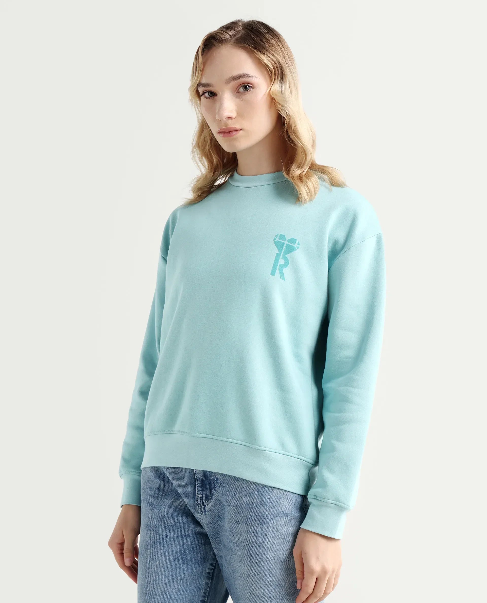 Rareism Women's Pelso Turq Polyester Blend Ribbed Collar Plain Cuffed Sleeve Relaxed Fit Sweatshirt