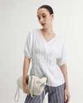 Rareism Women's Perdue White Linen V-Neck Plain Puff Sleeves Regular Fit Top