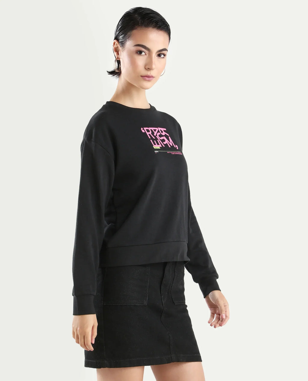 Rareism Women's Perio Black Cotton Blend Crew Neck Graphic Print Regular Fit Sweatshirt