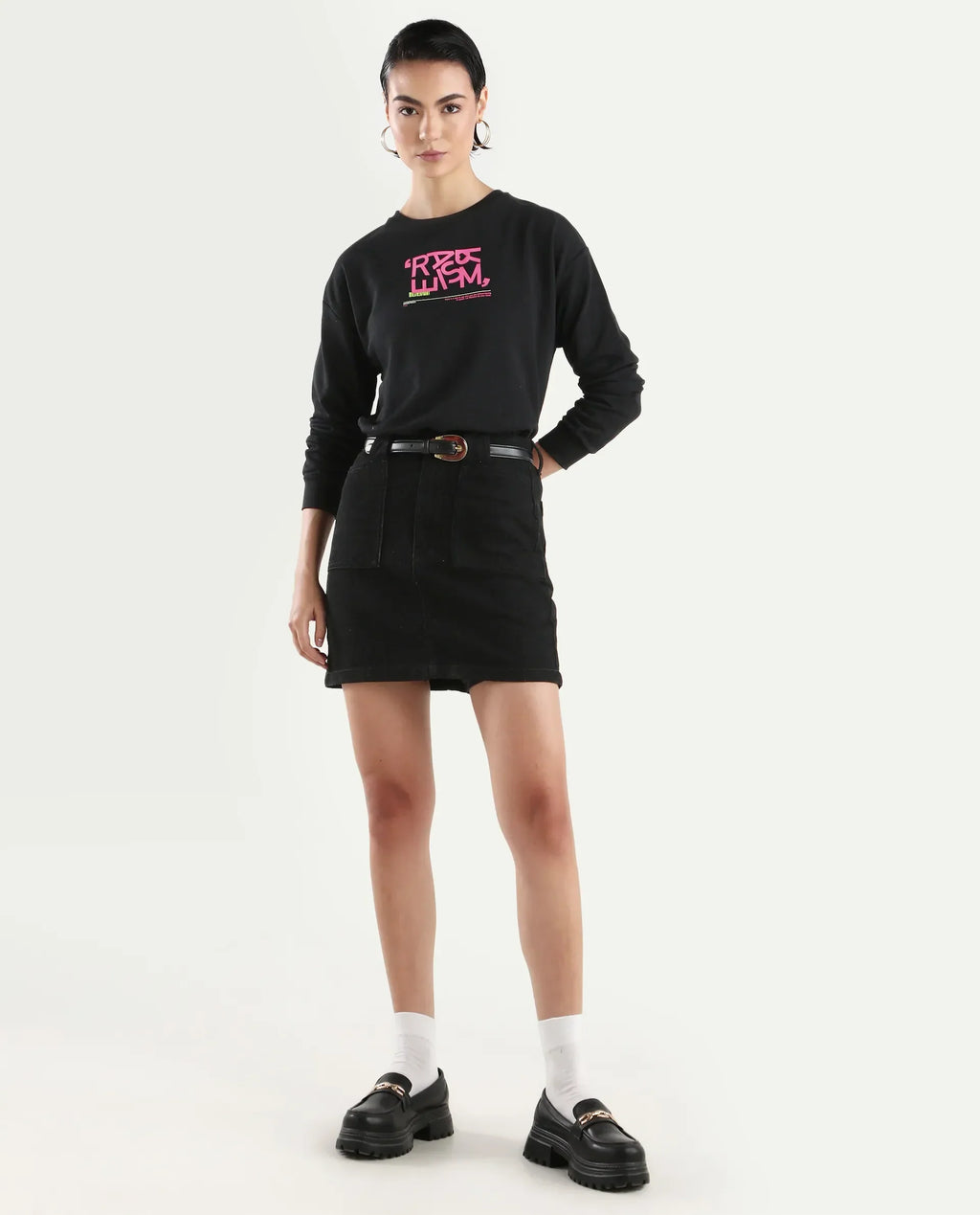 Rareism Women's Perio Black Cotton Blend Crew Neck Graphic Print Regular Fit Sweatshirt