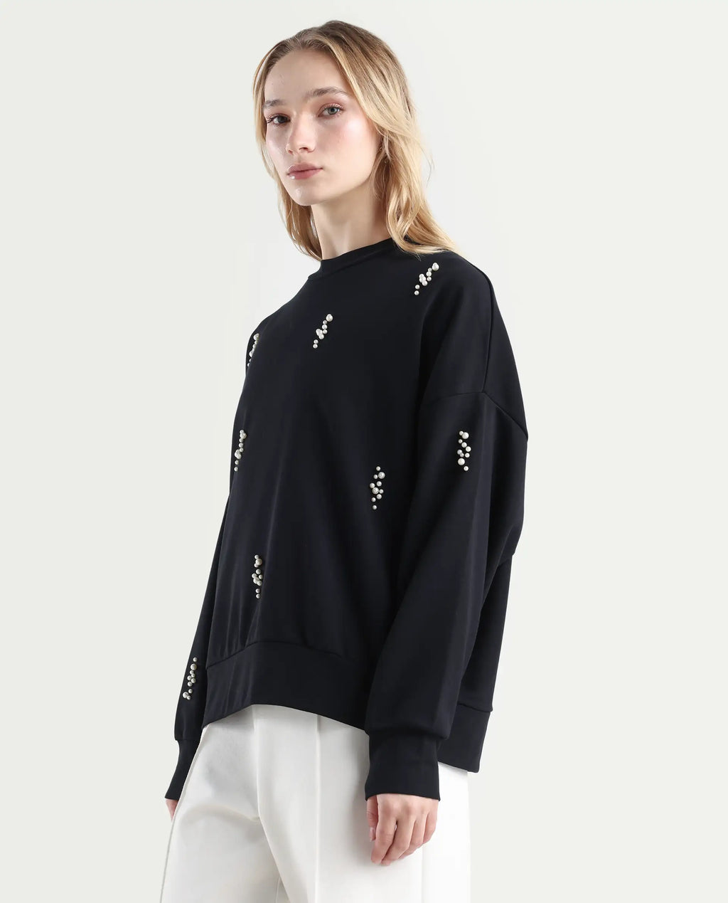 Rareism Women's Perl Black Cotton Blend Crew Neck Relaxed Fit Printed Sweatshirt