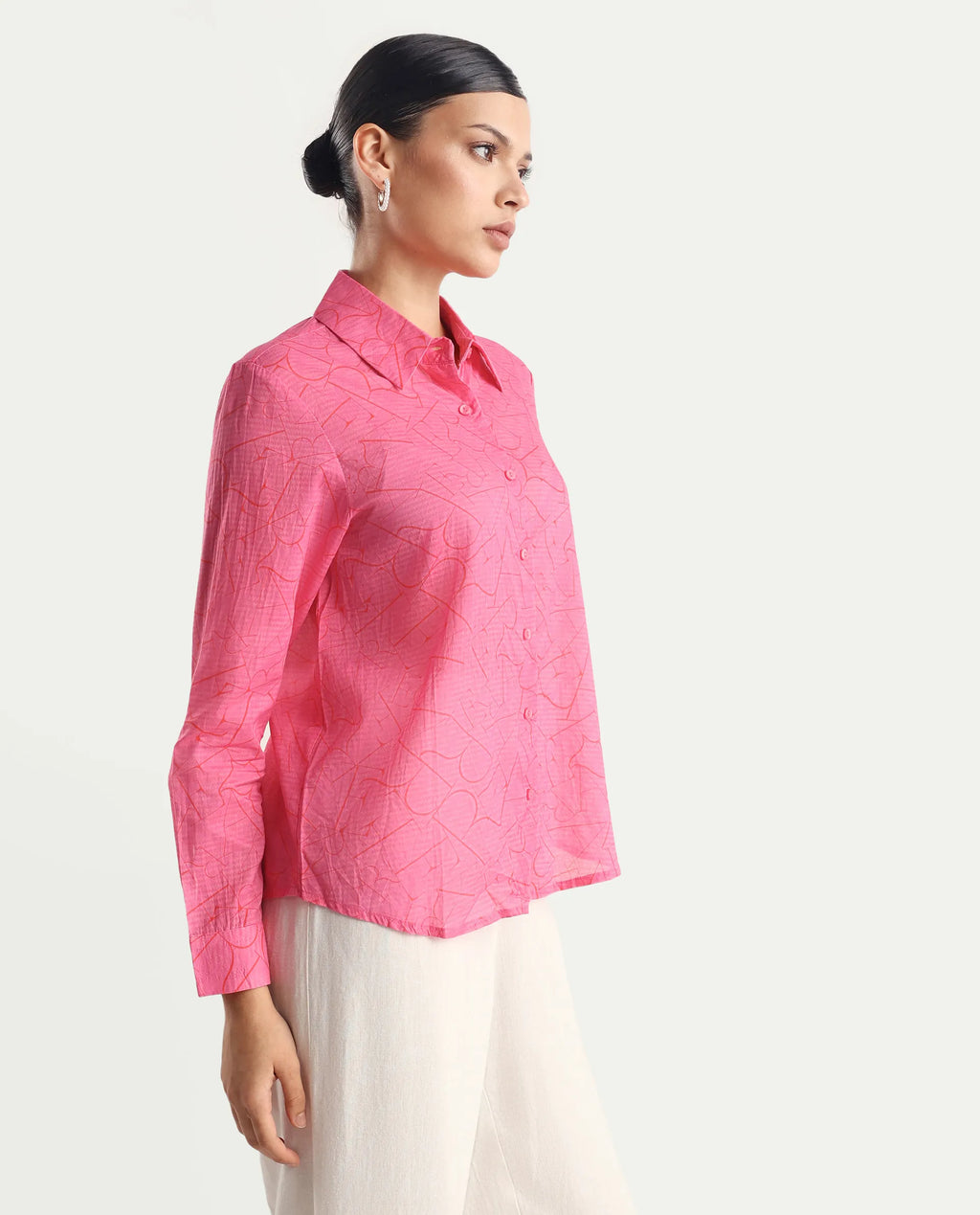 Rareism Women's Poiny Pink Cotton Spread Collar Monogram Print Cuffed Sleeve Regular Fit Top