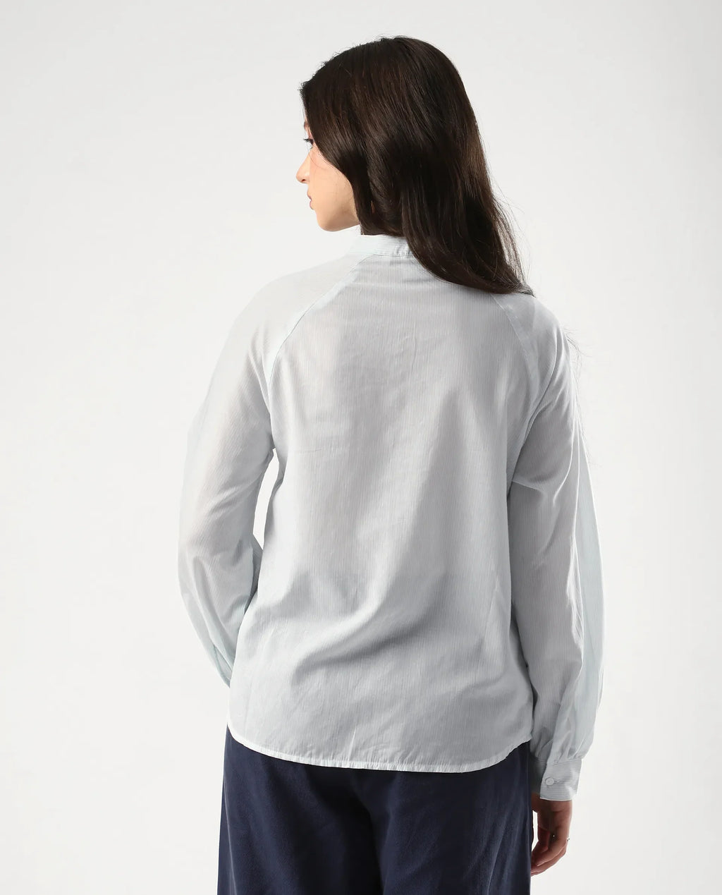 Rareism Women's Preb Blue Cotton Mandarin Collar Striped Bishop Sleeve Regular Fit Top