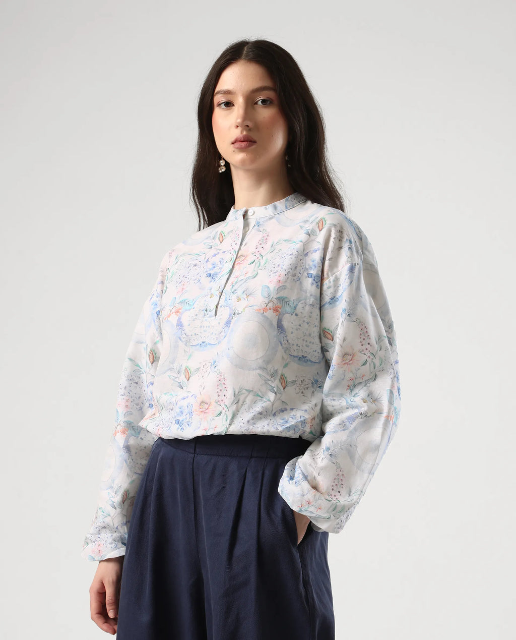 Rareism Women's Premer T Multi Cotton Blend Mandarin Collar Abstract Print Balloon Sleeve Regular Fit Top