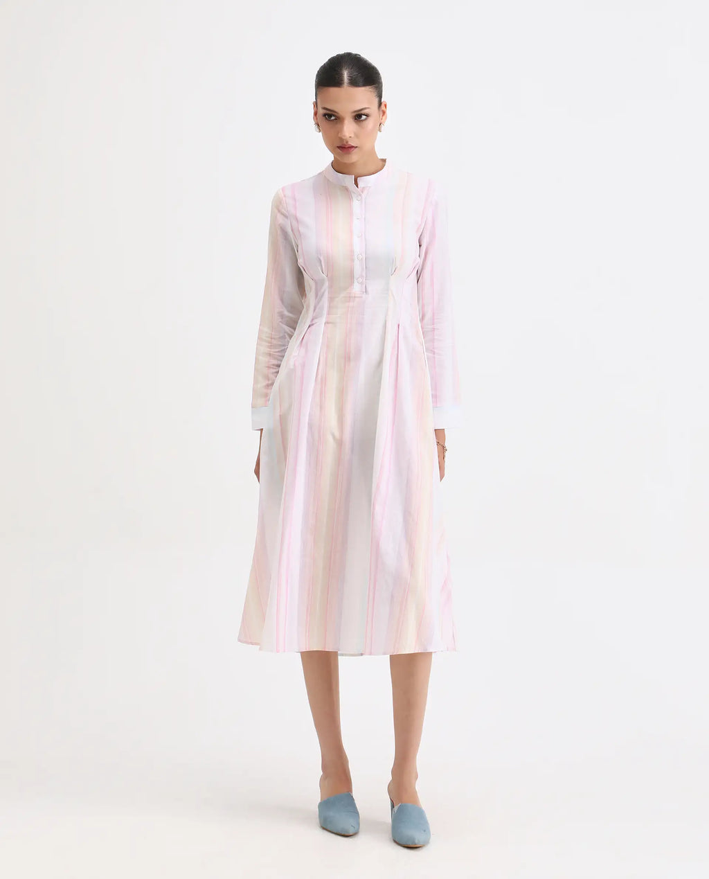 Rareism Women's Premty Multi Cotton Mandarin Collar Striped Cuffed Sleeve Maxi Flared Dress