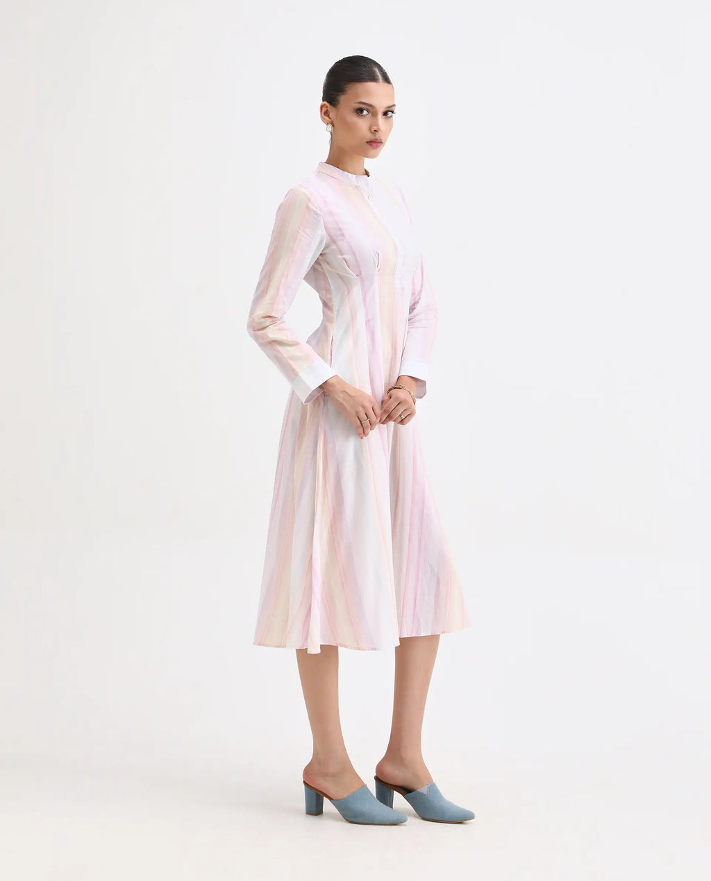 Rareism Women's Premty Multi Cotton Mandarin Collar Striped Cuffed Sleeve Maxi Flared Dress