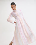 Rareism Women's Premty Multi Cotton Mandarin Collar Striped Cuffed Sleeve Maxi Flared Dress