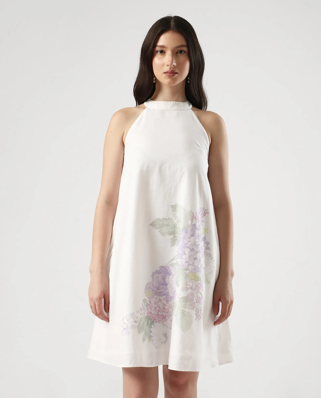 Rareism Women's Pret White Cotton Halter Neck Floral Print Sleeveless Mini Flared Dress