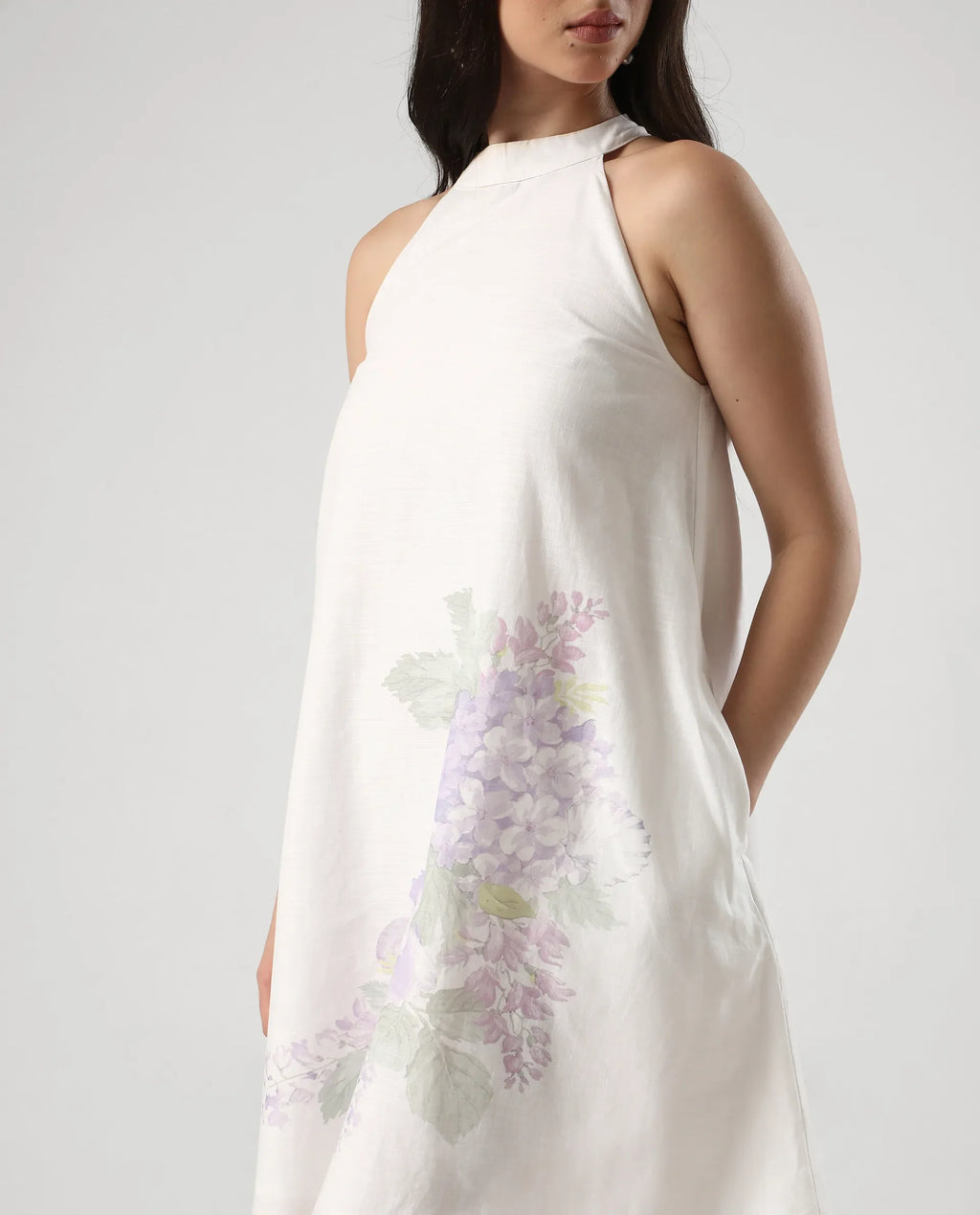 Rareism Women's Pret White Cotton Halter Neck Floral Print Sleeveless Mini Flared Dress