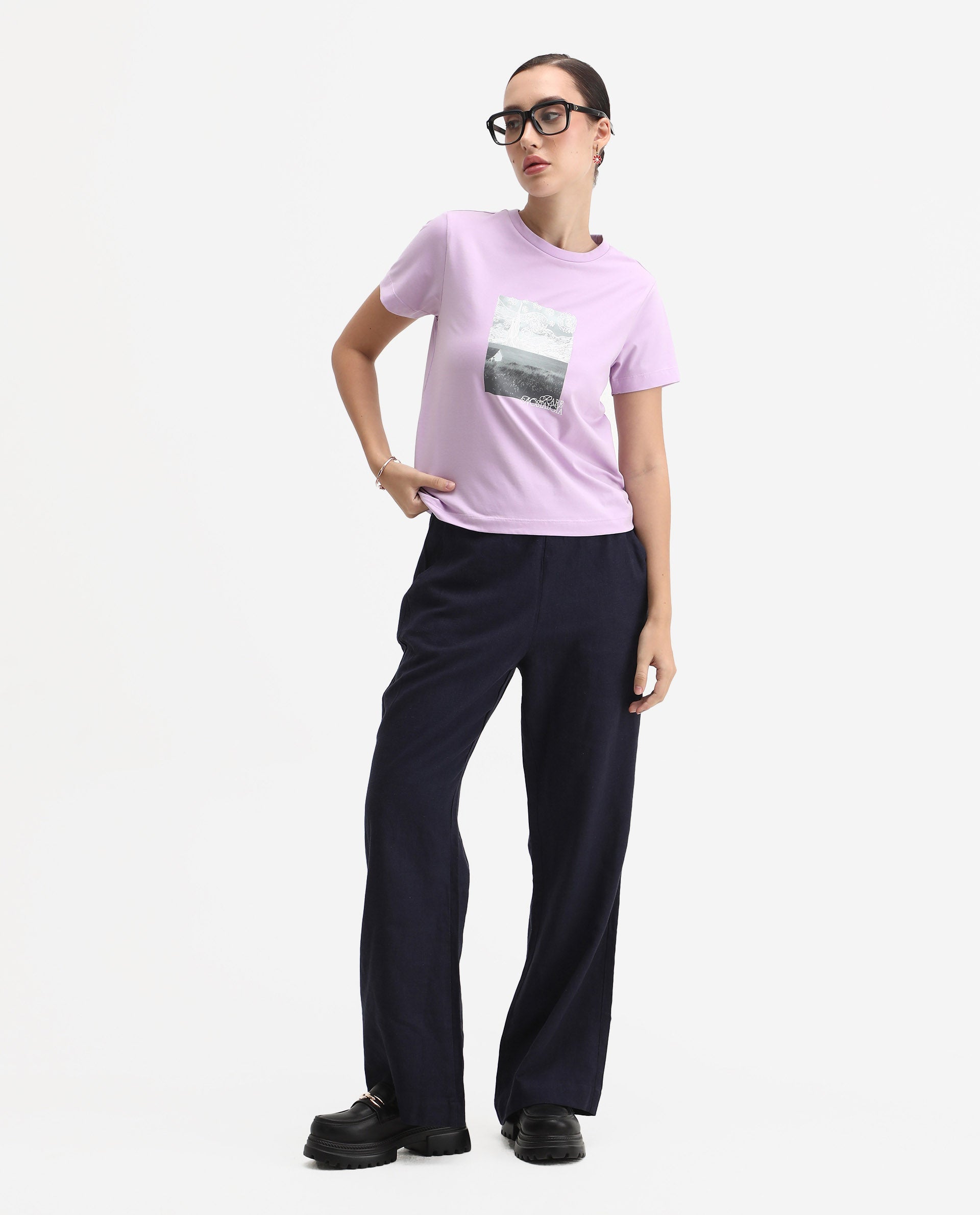 Rareism Women's Prife Light Purple Polyester Blend Crew Neck Graphic Print Regular Fit T-Shirt