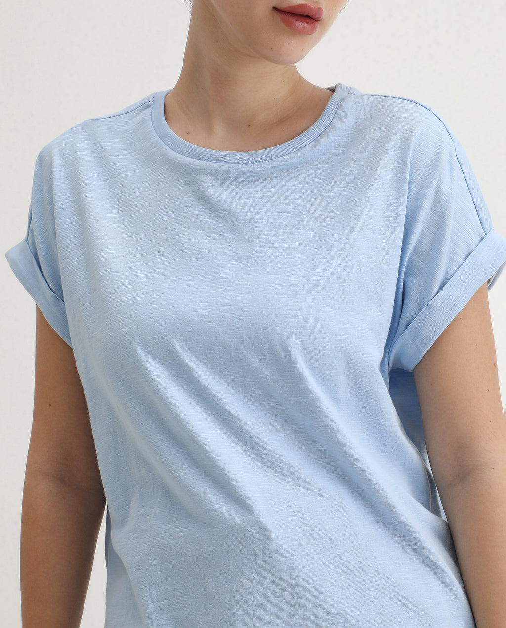 Rareism Women's Prisk Light Blue Cotton Crew Neck Plain Extended Sleeves Regular Fit T-Shirt