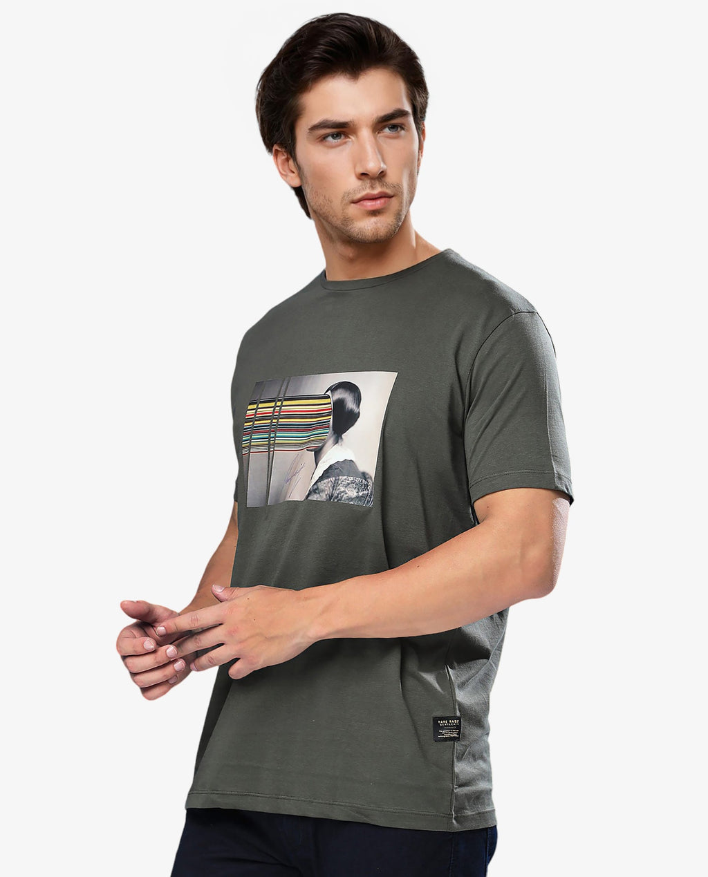 Rare Rabbit Men's Rainy Olive Cotton Graphic Print Slim Fit Half Sleeve Crew Neck T-Shirt