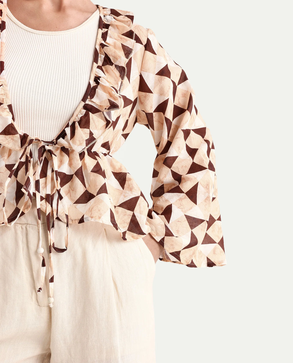 Rareism Women's Reggio Light Multi Cotton Blend Tie-Up Neck Geometric Print Bell Sleeve Regular Fit Top