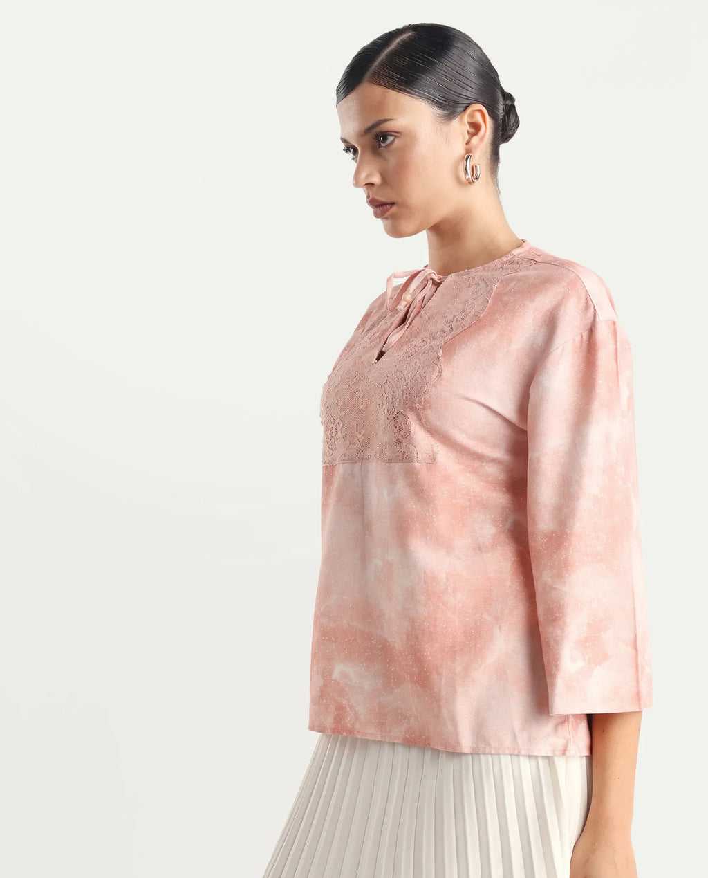 Rareism Women's Remis Dusky Pink Rayon Tie-Up Neck Abstract Print Bell Sleeve Regular Fit Top