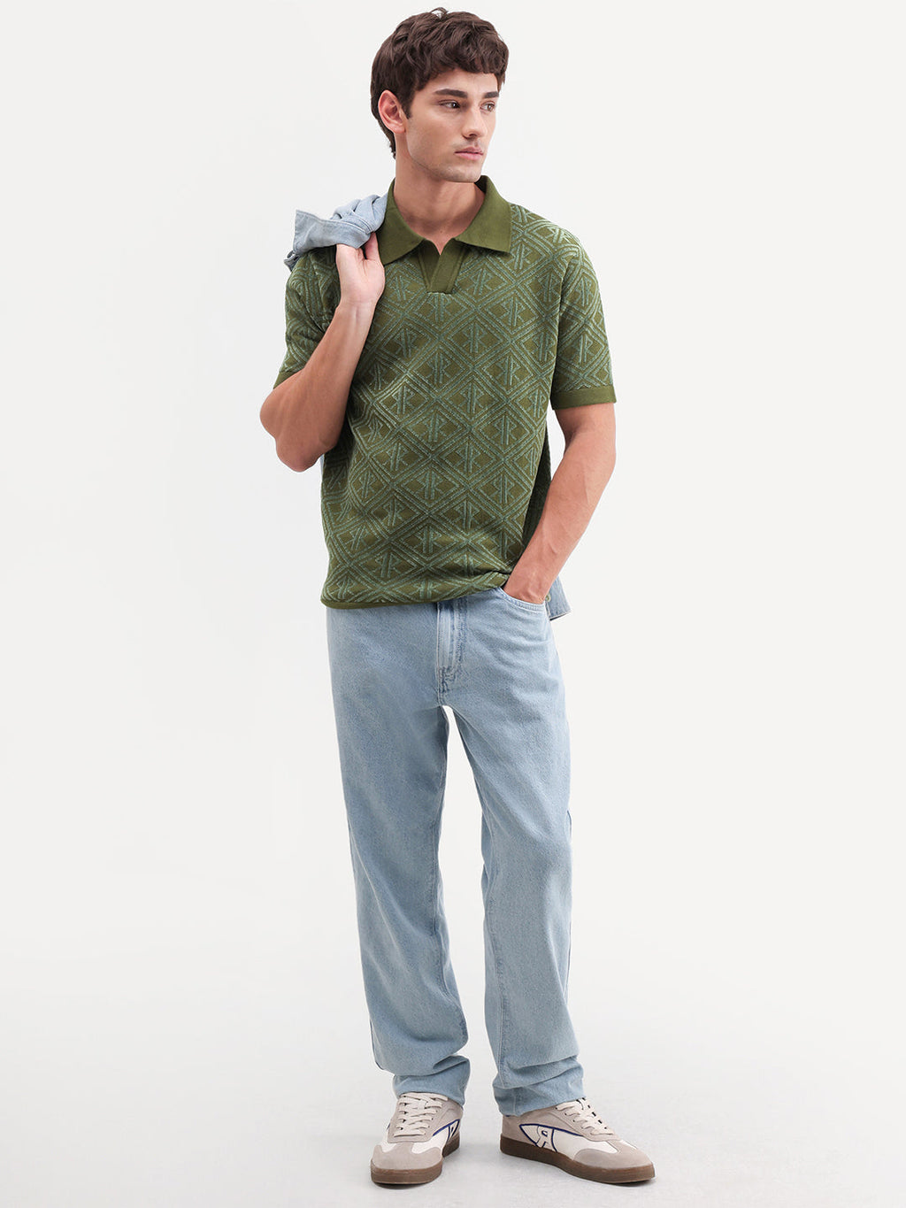 Rare Rabbit Men's Rene Dusky Green Cotton Blend Johnny Collar Regular Jacquard Polo