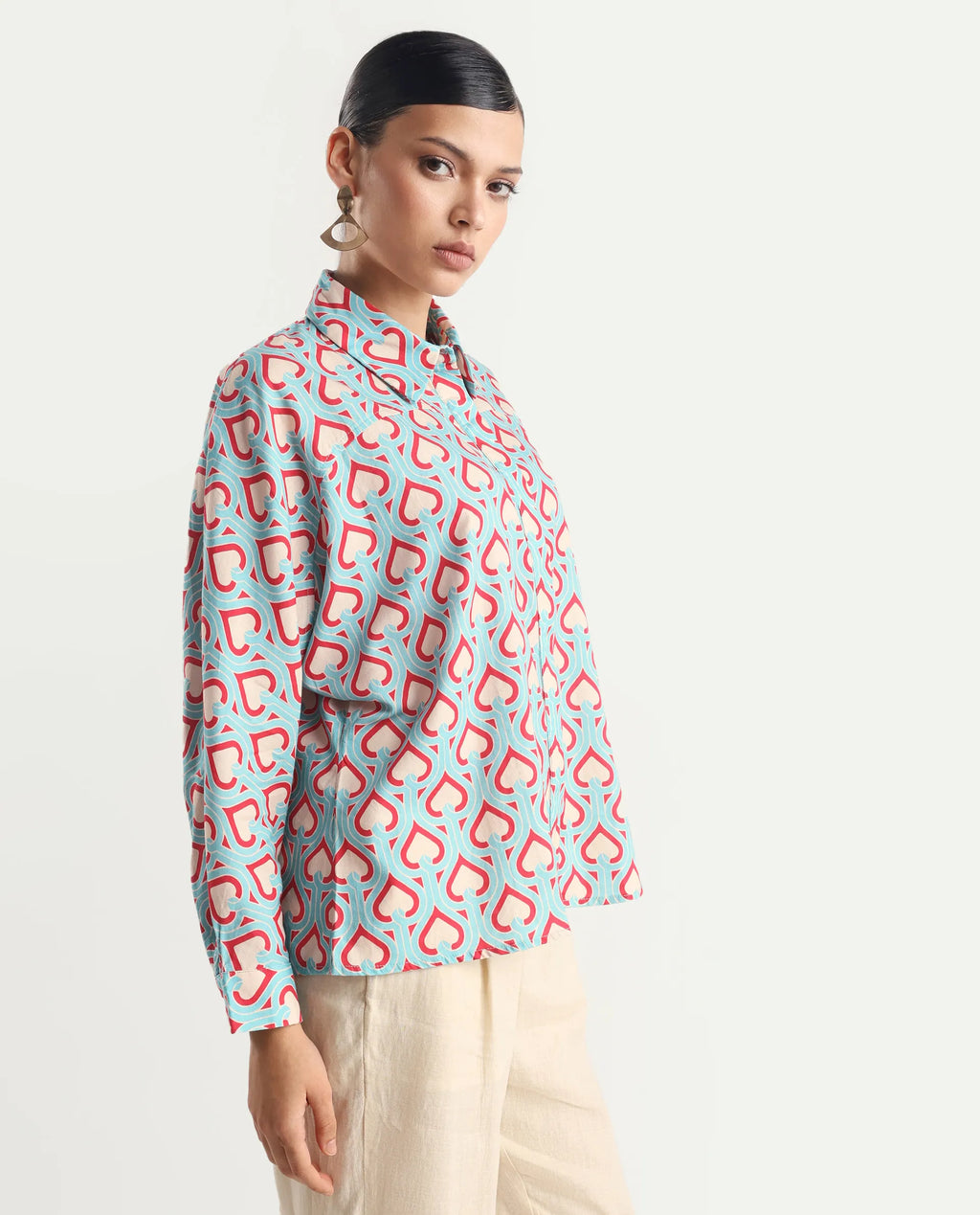 Rareism Women's Repece Multi Cotton Blend Drop Collar Geometric Print Boxy Fit Top