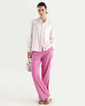 Rareism Women's Rica Pastel Pink Cotton Linen Plain Ankle Length Regular Fit Trouser