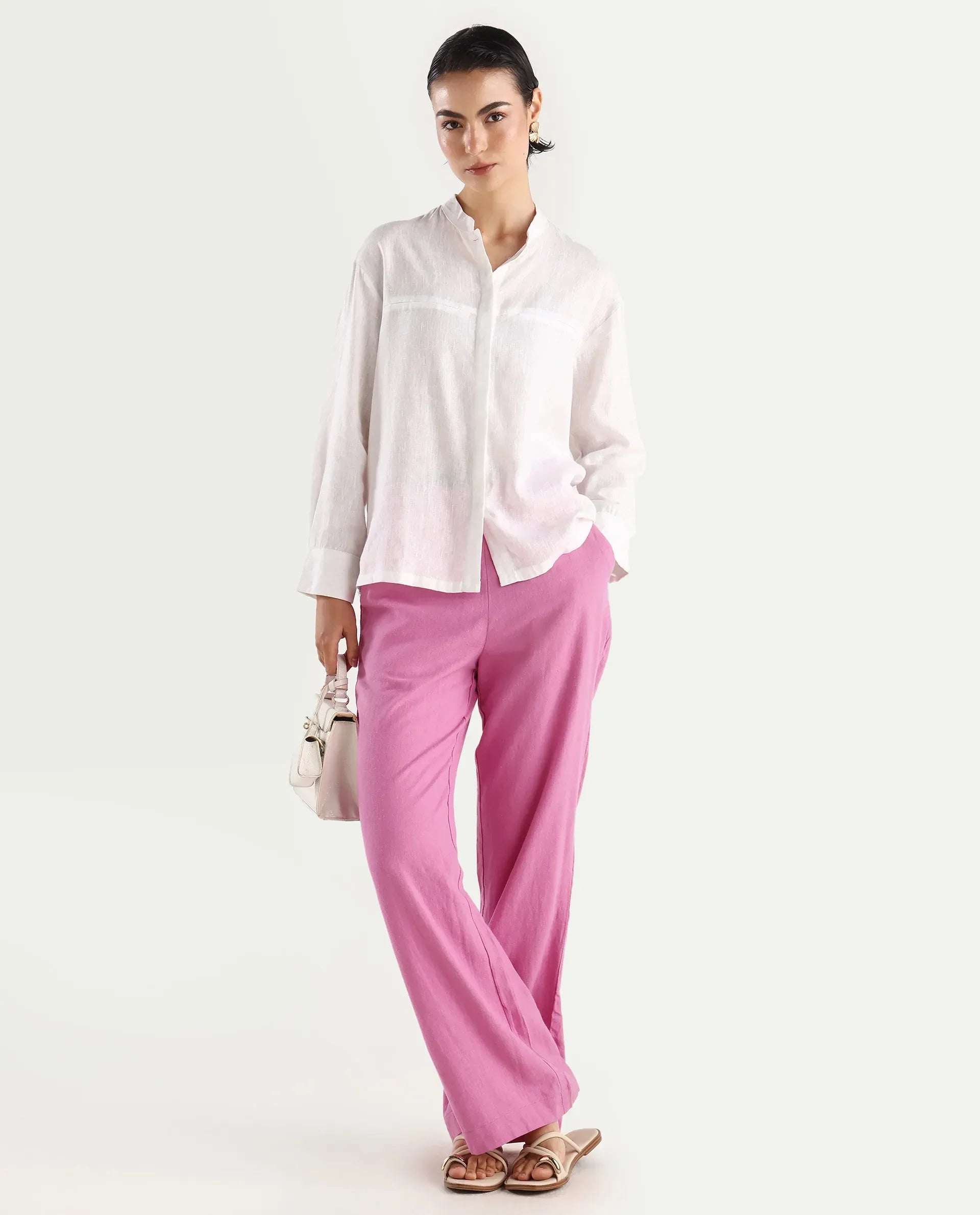 Rareism Women's Rica Pastel Pink Cotton Linen Plain Ankle Length Regular Fit Trouser
